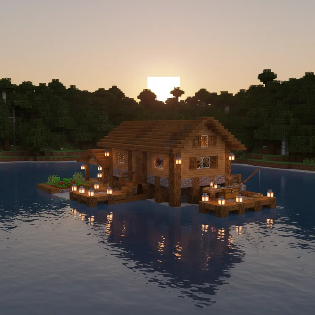 Casa survival construida sobre un lago en Minecraft