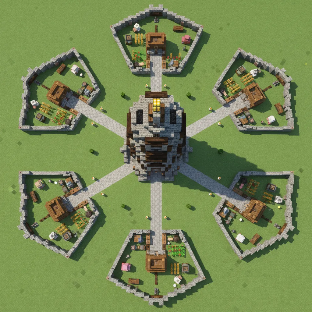 Symmetrical Minecraft base layout with central hub and radial districts