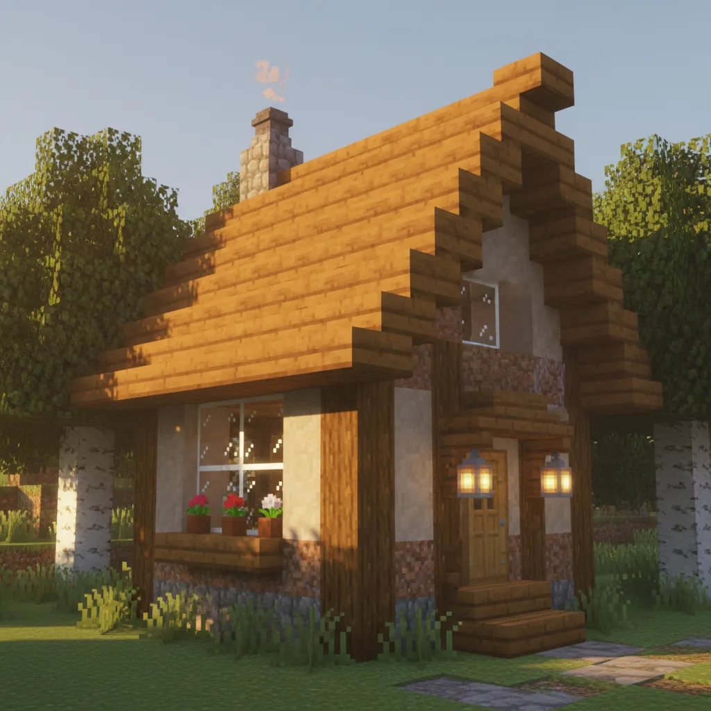 Casa de Minecraft con techo inclinado de escaleras