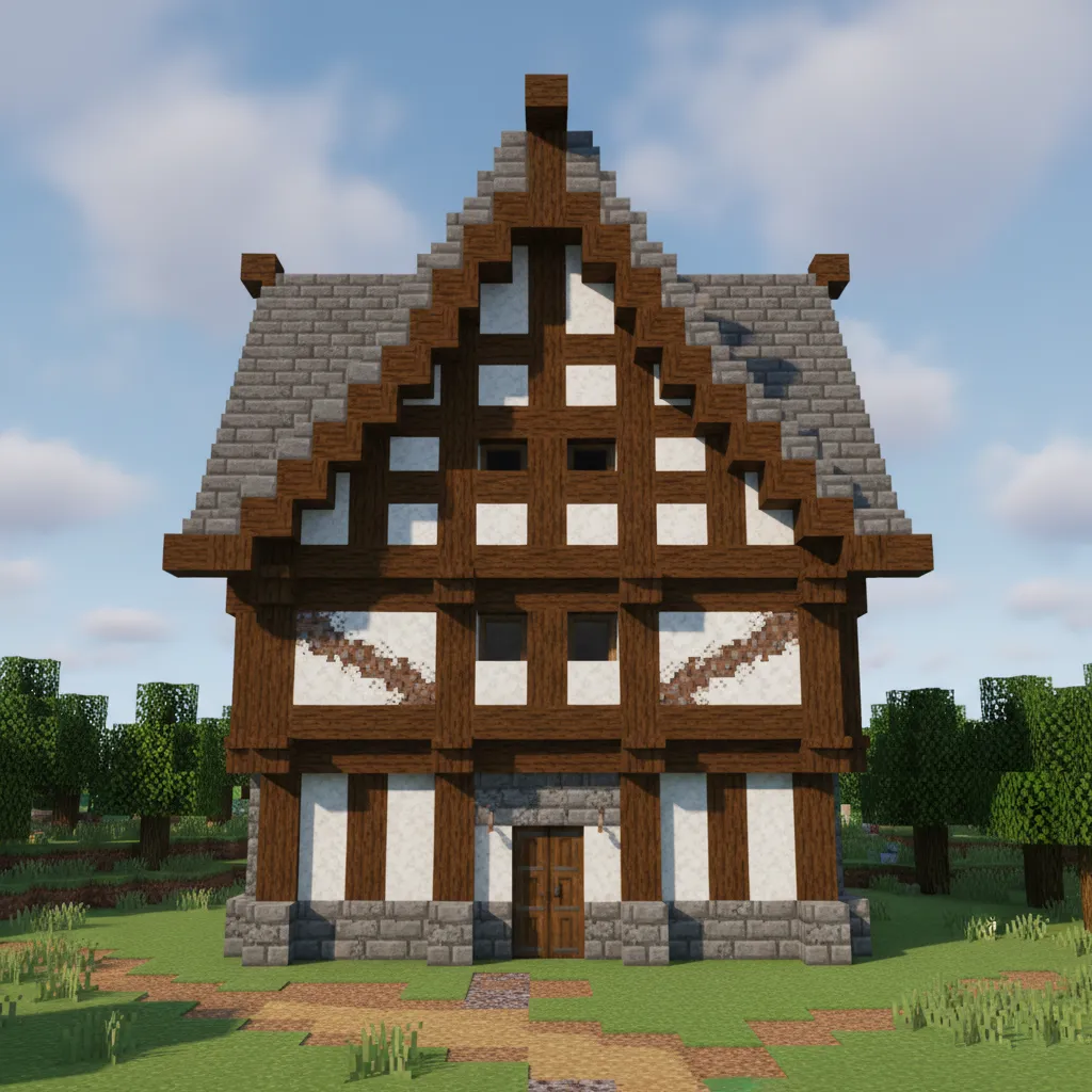 Large Minecraft house with white walls brown wood frame grey stone roof and green field