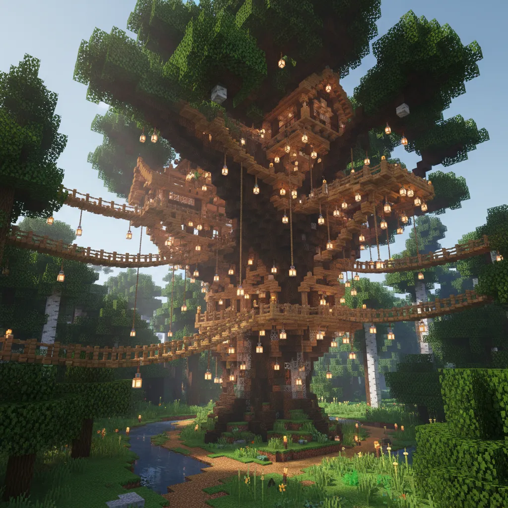 Casa en árbol grande en Minecraft conectada con puentes