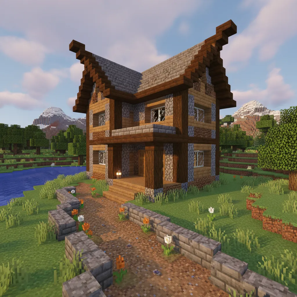 Two story wood and stone house with balcony and flower path in a green field