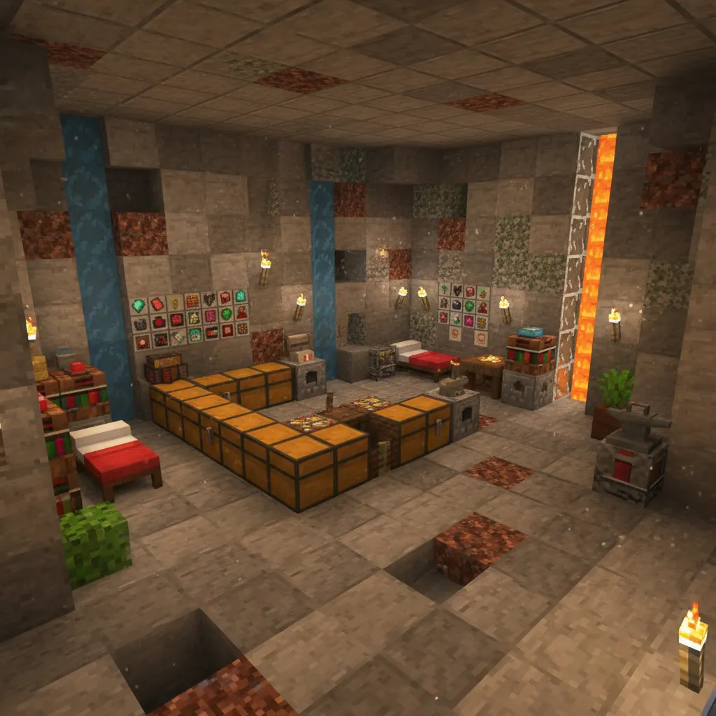 Base subterránea en Minecraft con almacenamiento organizado