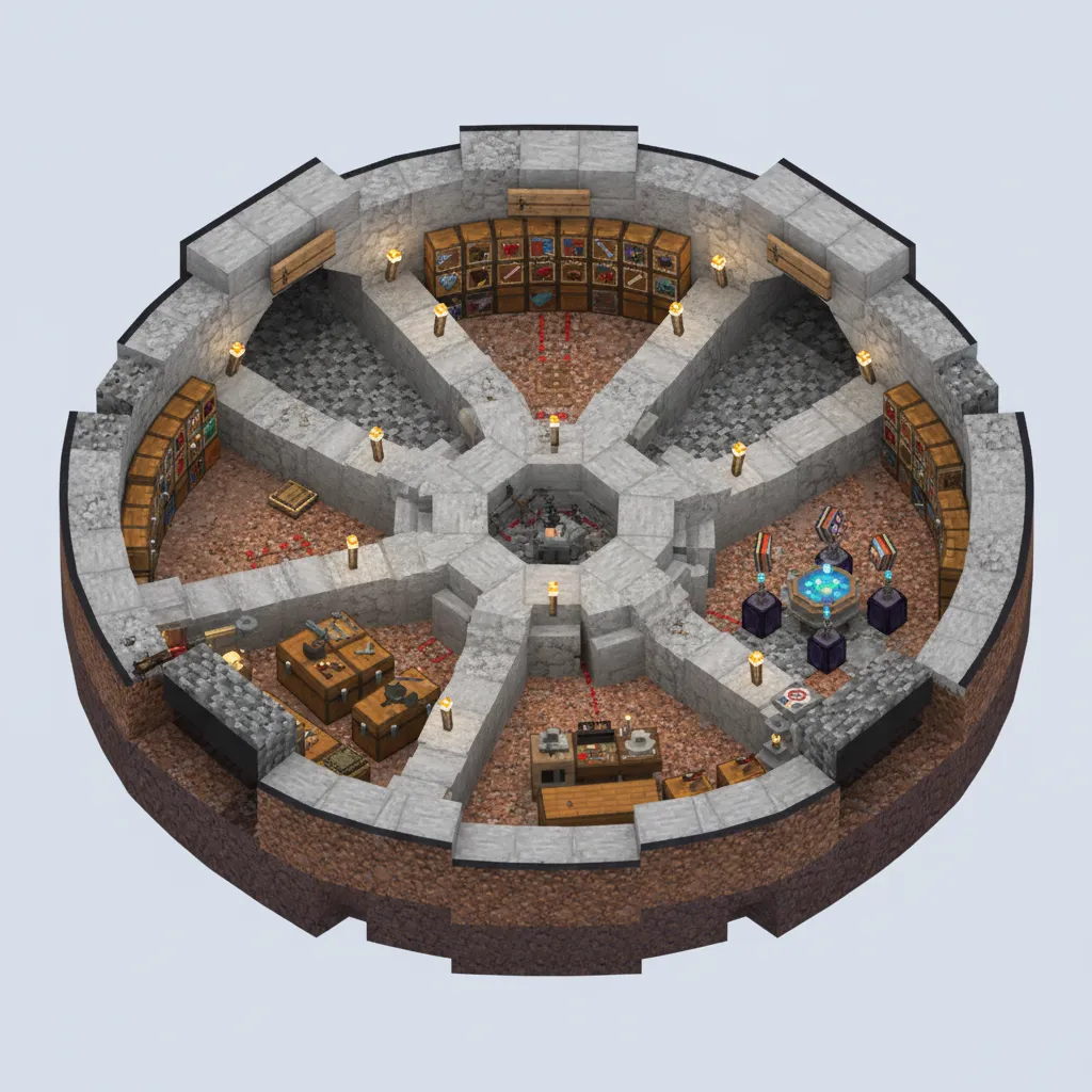 Minecraft underground base hub with radial tunnels and organized rooms