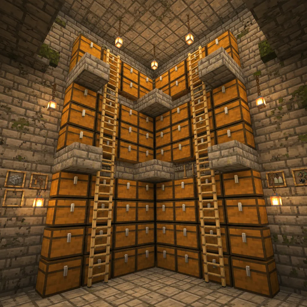 minecraft vertical storage design with stacked chest rows