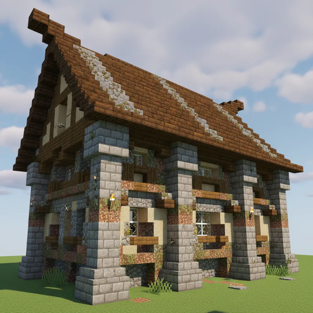 Rustic Minecraft house with stone wall panels and wooden roof on a green grass field