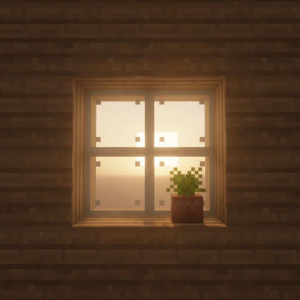 Detail jendela rumah Minecraft dengan frame kayu