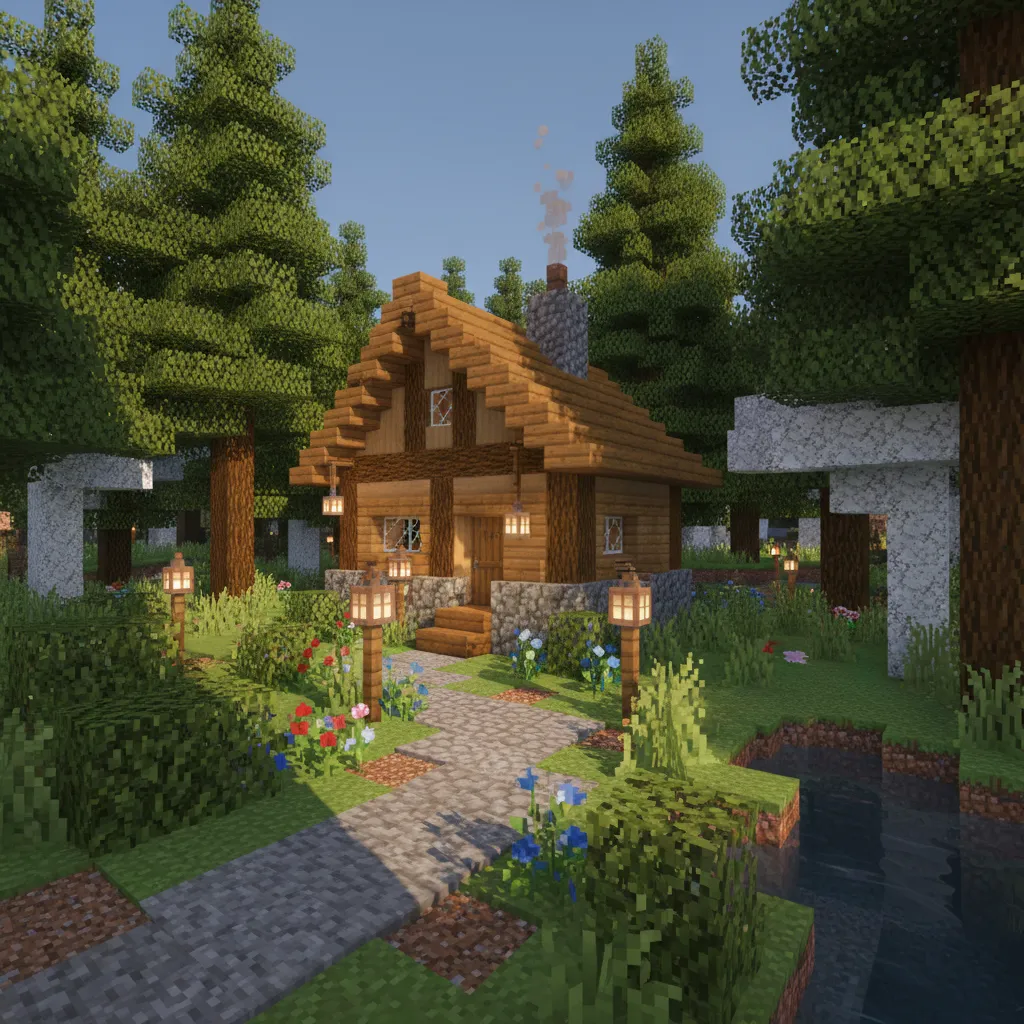 Casa de madera en Minecraft con jardín y camino de piedra