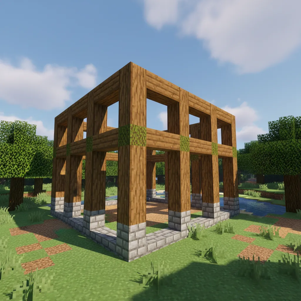 Estructura básica de una casa de madera en Minecraft con columnas de troncos