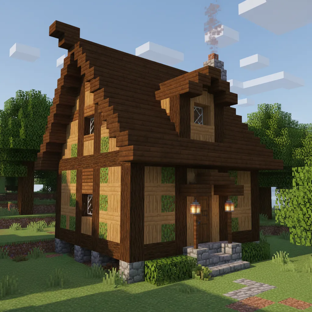 Combinación de distintos tipos de madera en una casa de Minecraft