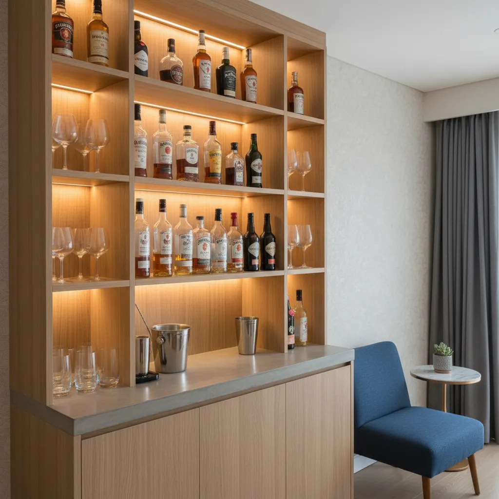 Mini bar integrado en un apartamento pequeño con estanterías verticales