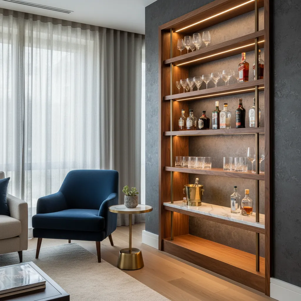 Mini bar elegante con iluminación cálida y estantes de madera