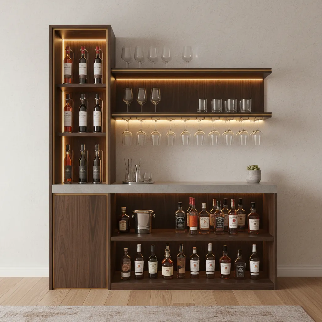 Minibar pequeño con estanterías verticales y superficie de preparación