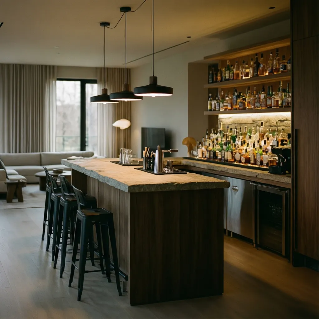 Mini bar minimalis dengan lampu gantung dekoratif