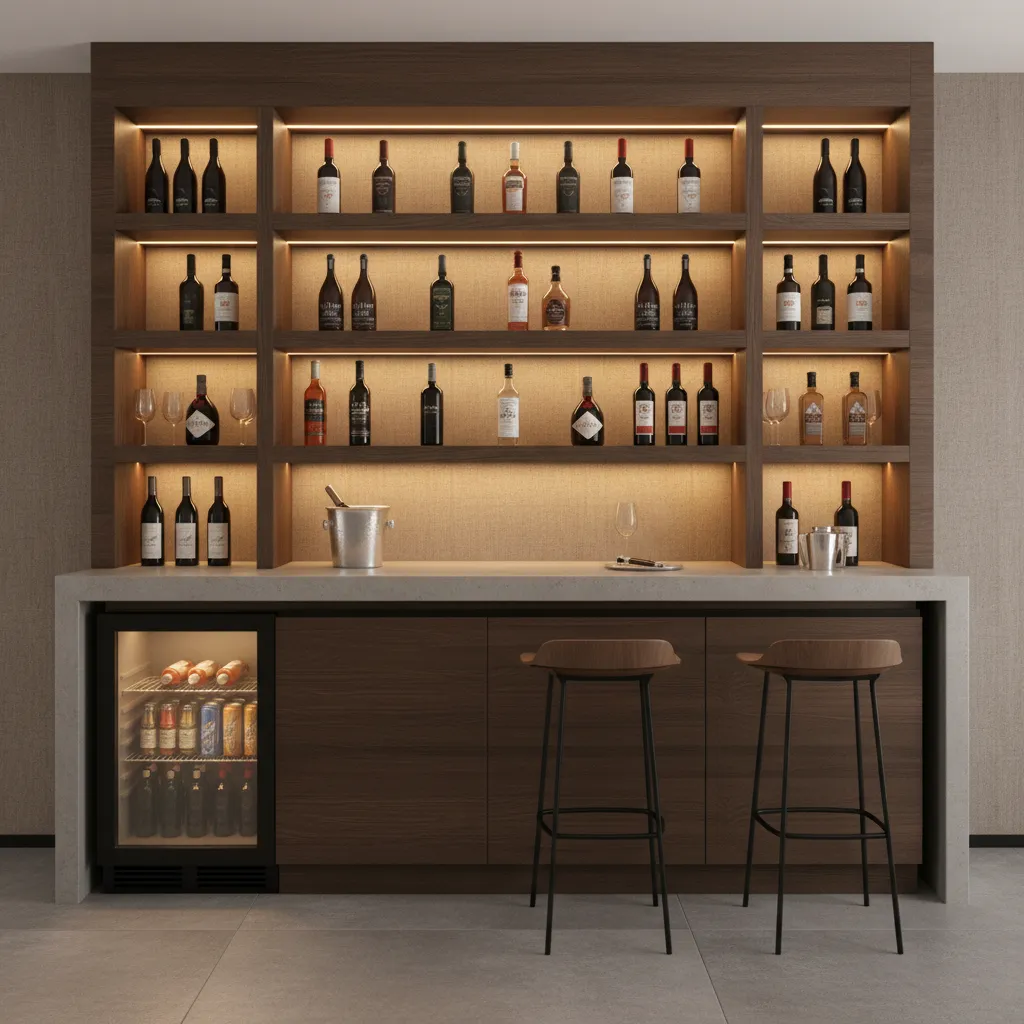 Mini bar rumah dengan rak penyimpanan botol