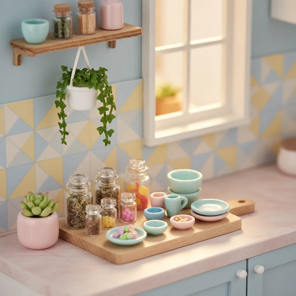 Mini Barbie kitchen counter with tiny jars dishes and plants