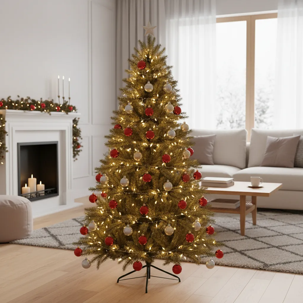 Balanced ornament placement pattern on a small Christmas tree