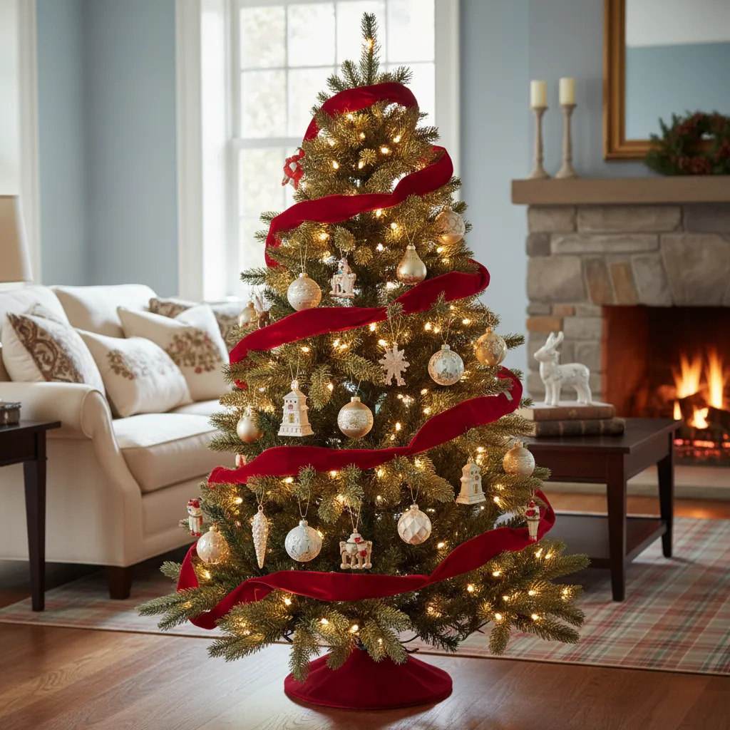 Ribbon garland being draped diagonally around a decorated 3ft Christmas tree