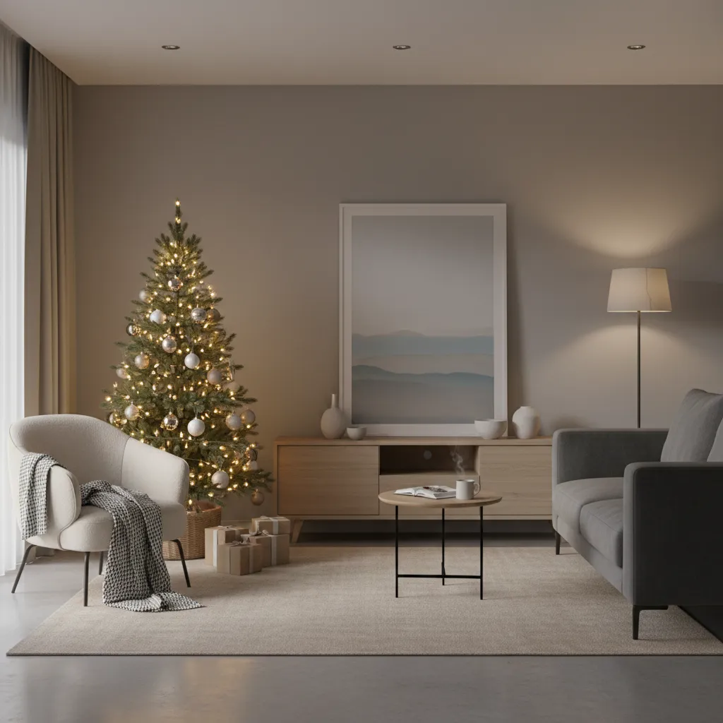 Small Christmas tree styled in a compact living room corner