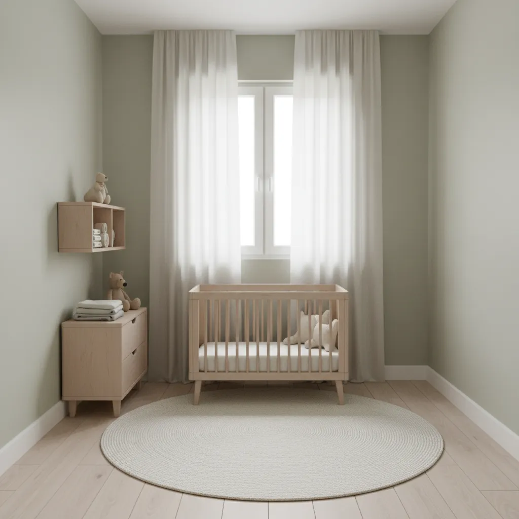 mini crib placed in a compact nursery bedroom with minimal furniture