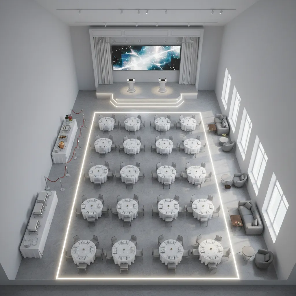 Illustrated layout showing seating arrangement inside a mini event hall