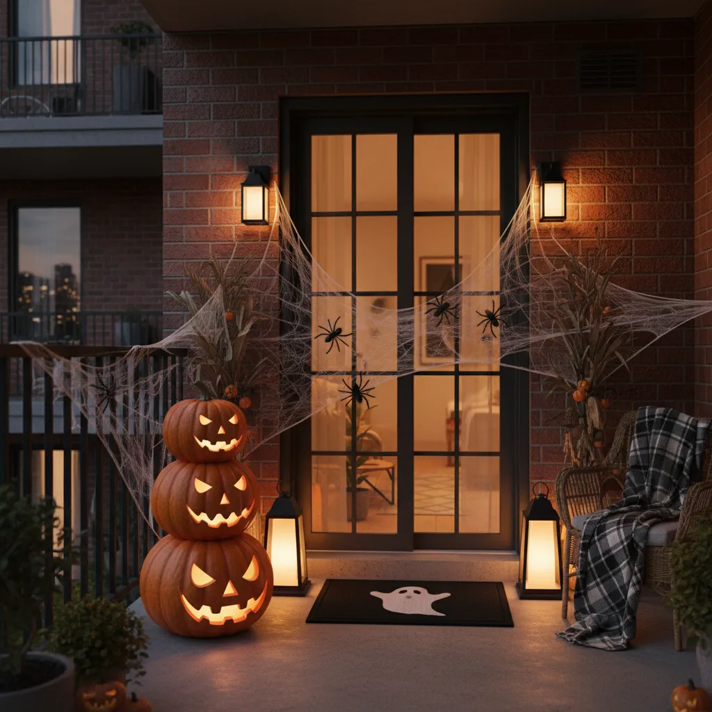 Apartment balcony door decorated like a mini haunted porch with pumpkins and spider web