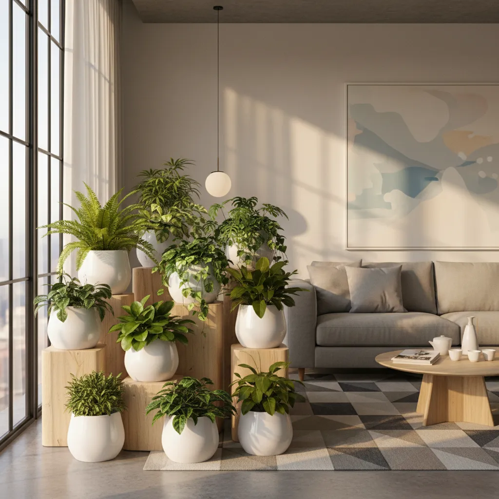 Pequeño jardín interior decorativo con macetas modernas