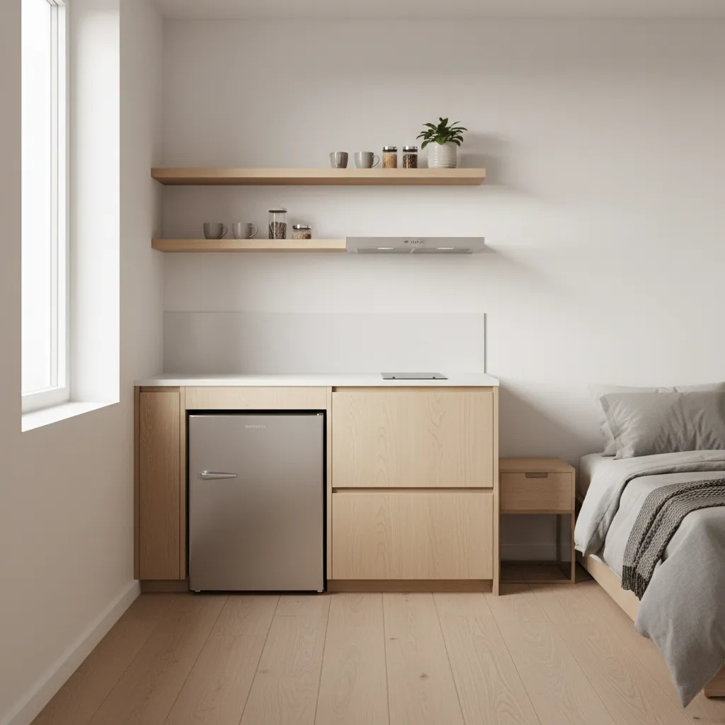 Small corner mini kitchen setup with compact appliances and shelves