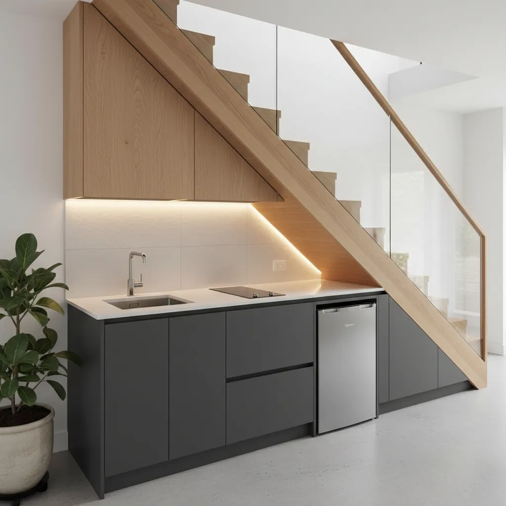 Compact kitchen with sink, cabinets, and fridge installed under staircase