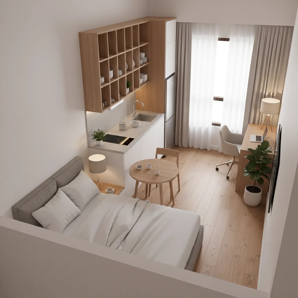 diagram style interior showing mini kitchen layout inside a small bedroom space