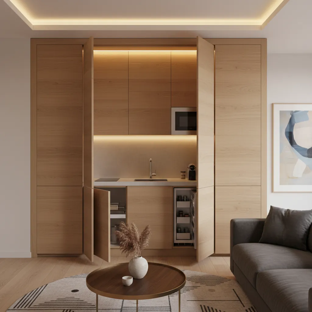 Mini kitchen designed like built-in furniture with wood panels