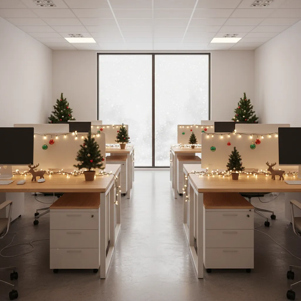 Small office decorations including mini trees ornaments and lights