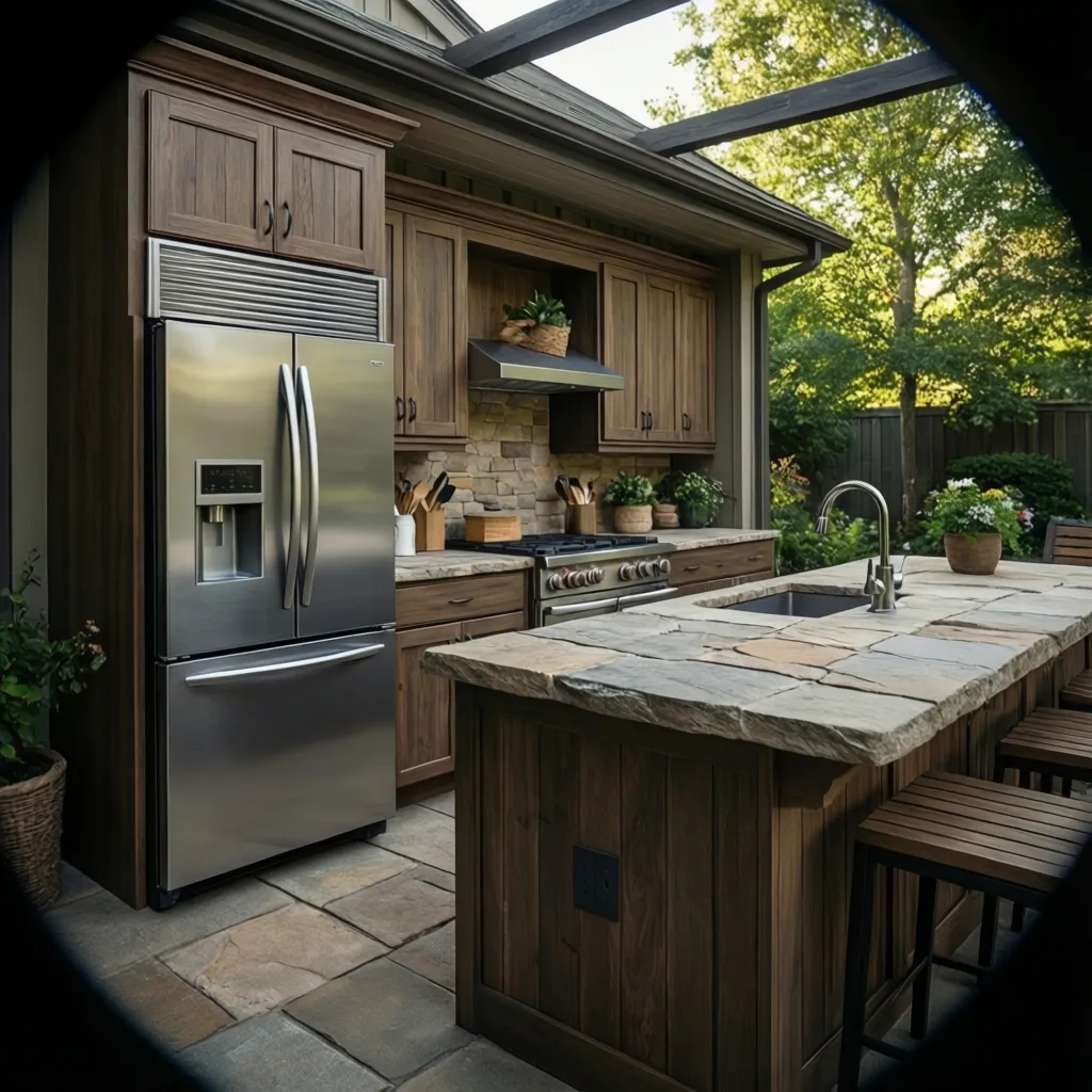 Small outdoor refrigerator built into a patio kitchen cabinet
