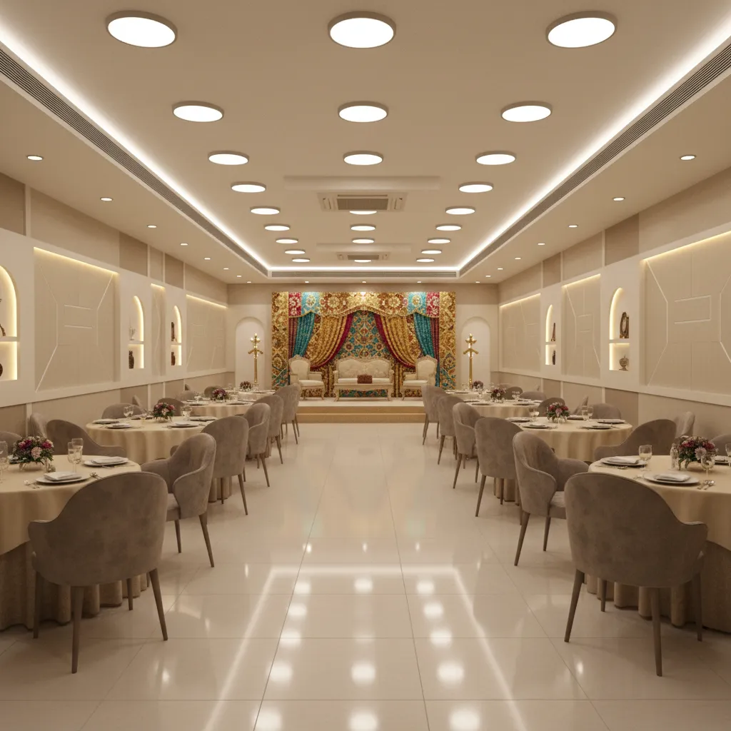 Interior of a compact air conditioned mini party hall with stage and banquet seating
