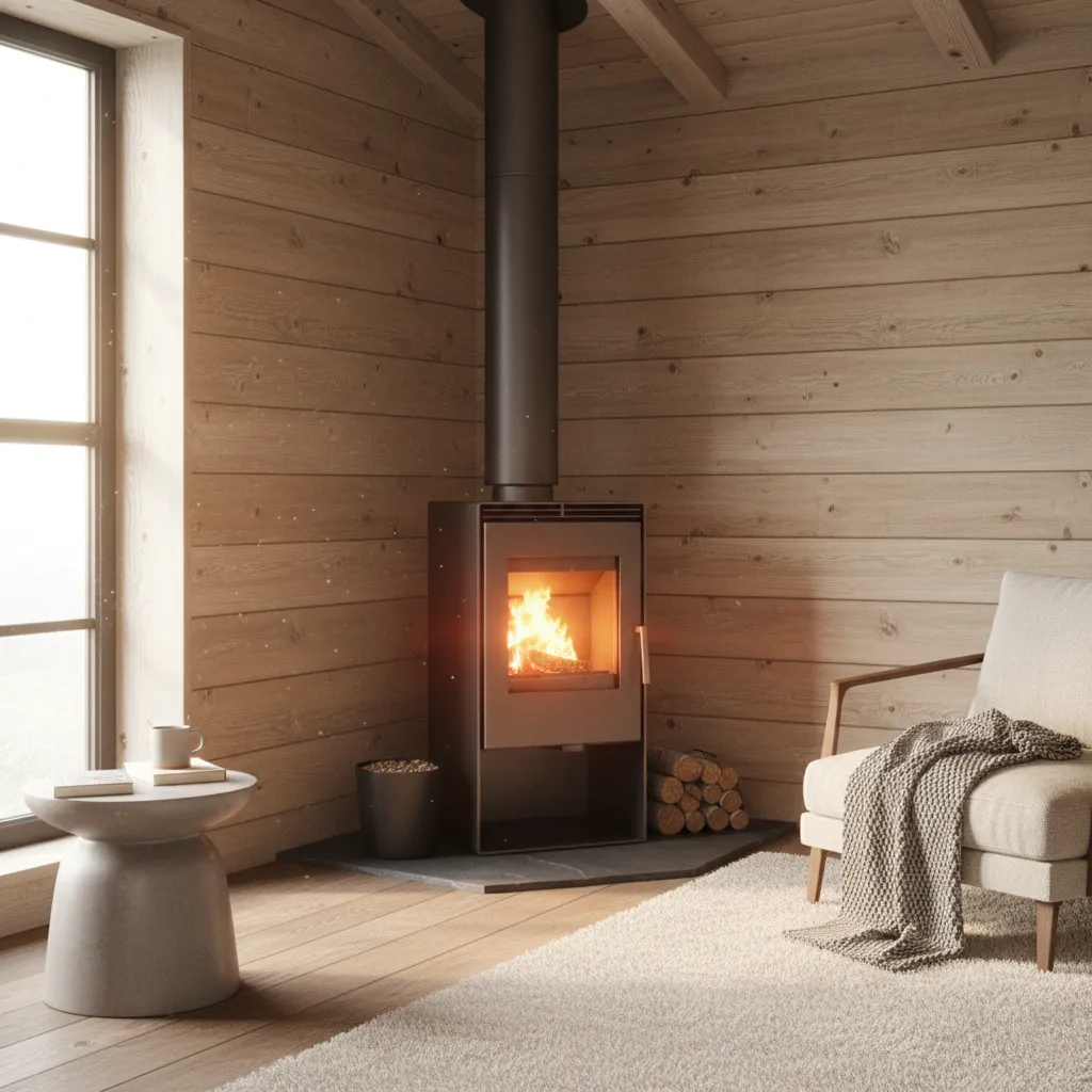 mini pellet stove with very small footprint in cabin