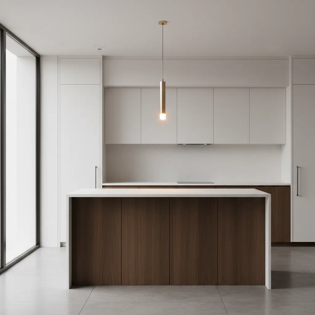 Slim pendant light above small kitchen island