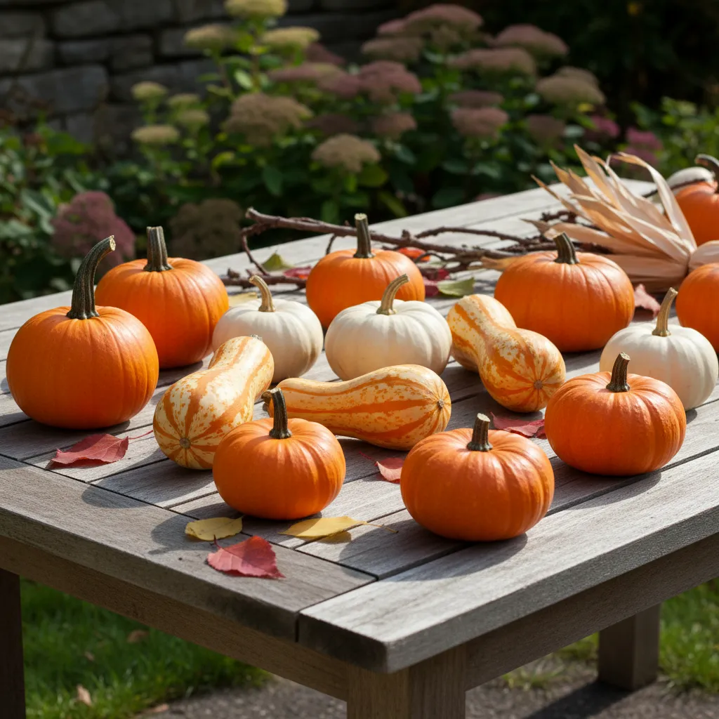 Assorted small pumpkin varieties harvested from compact plants