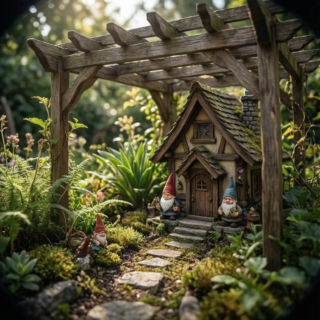 Mini pergola roof shelter protecting a gnome house in a fairy garden