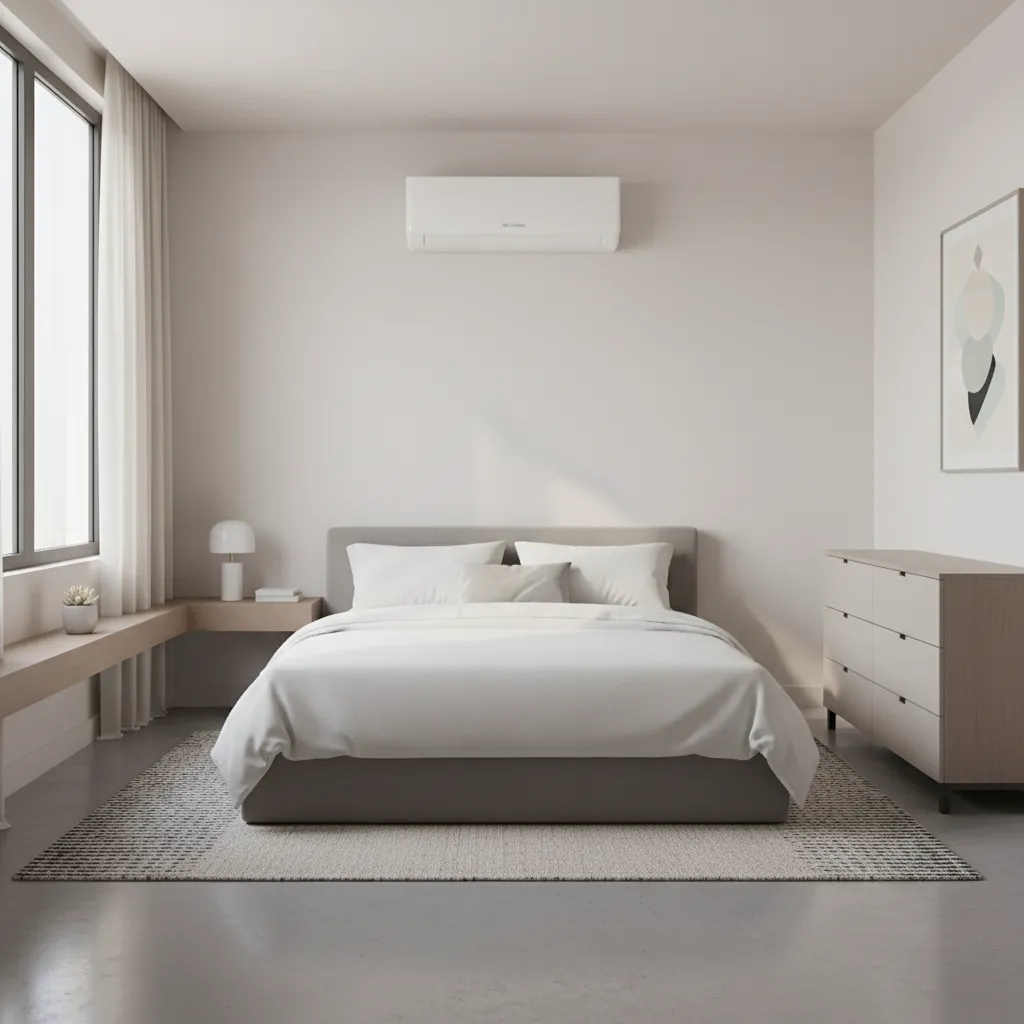 wall mounted mini split air conditioner installed above a bed in a small apartment room