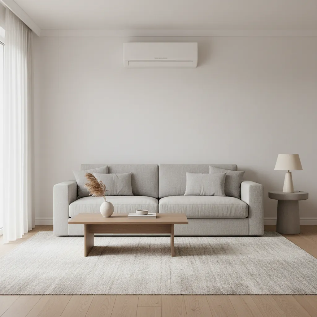 modern mini split air conditioner installed above sofa in contemporary living room