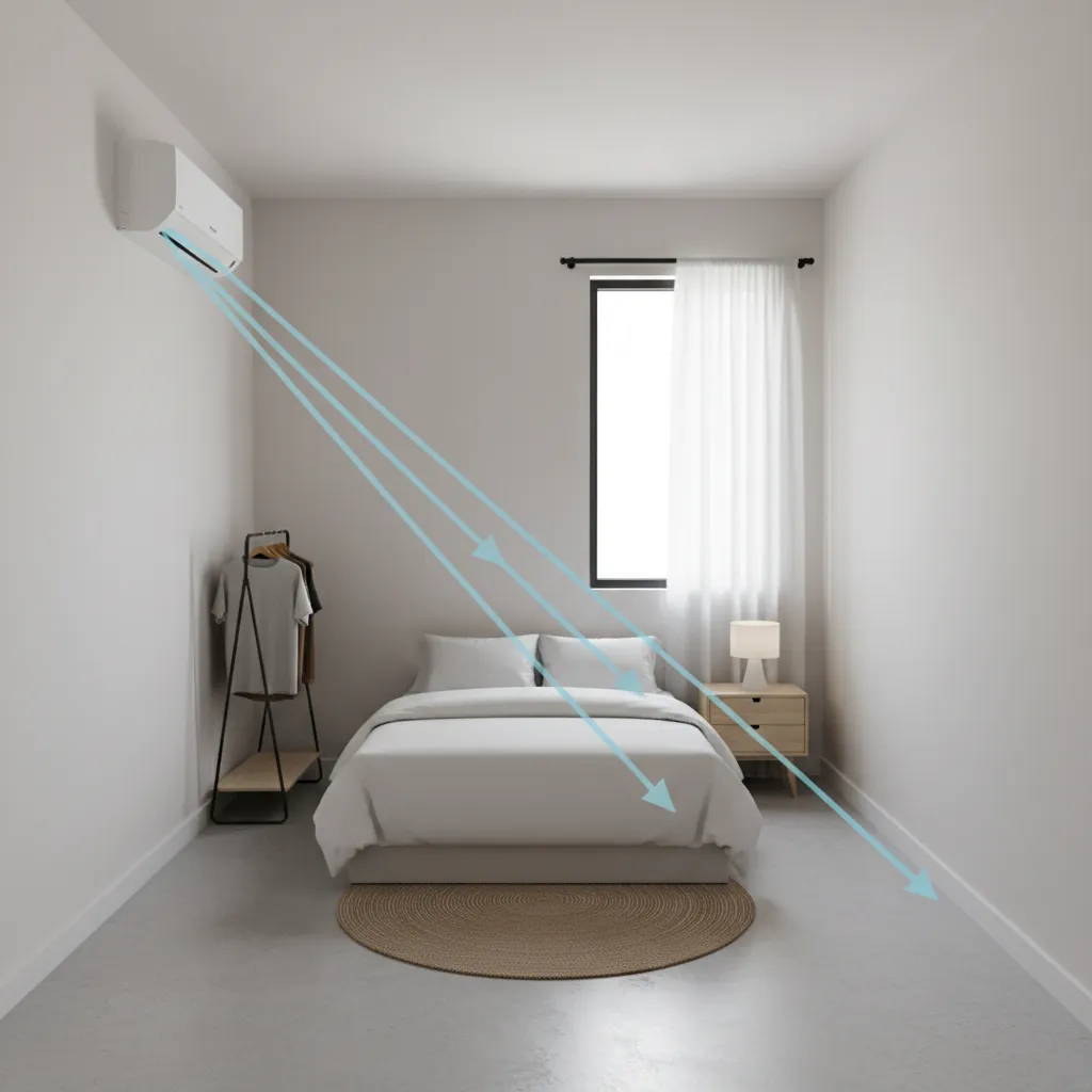 diagram style room layout showing airflow direction from mini split unit