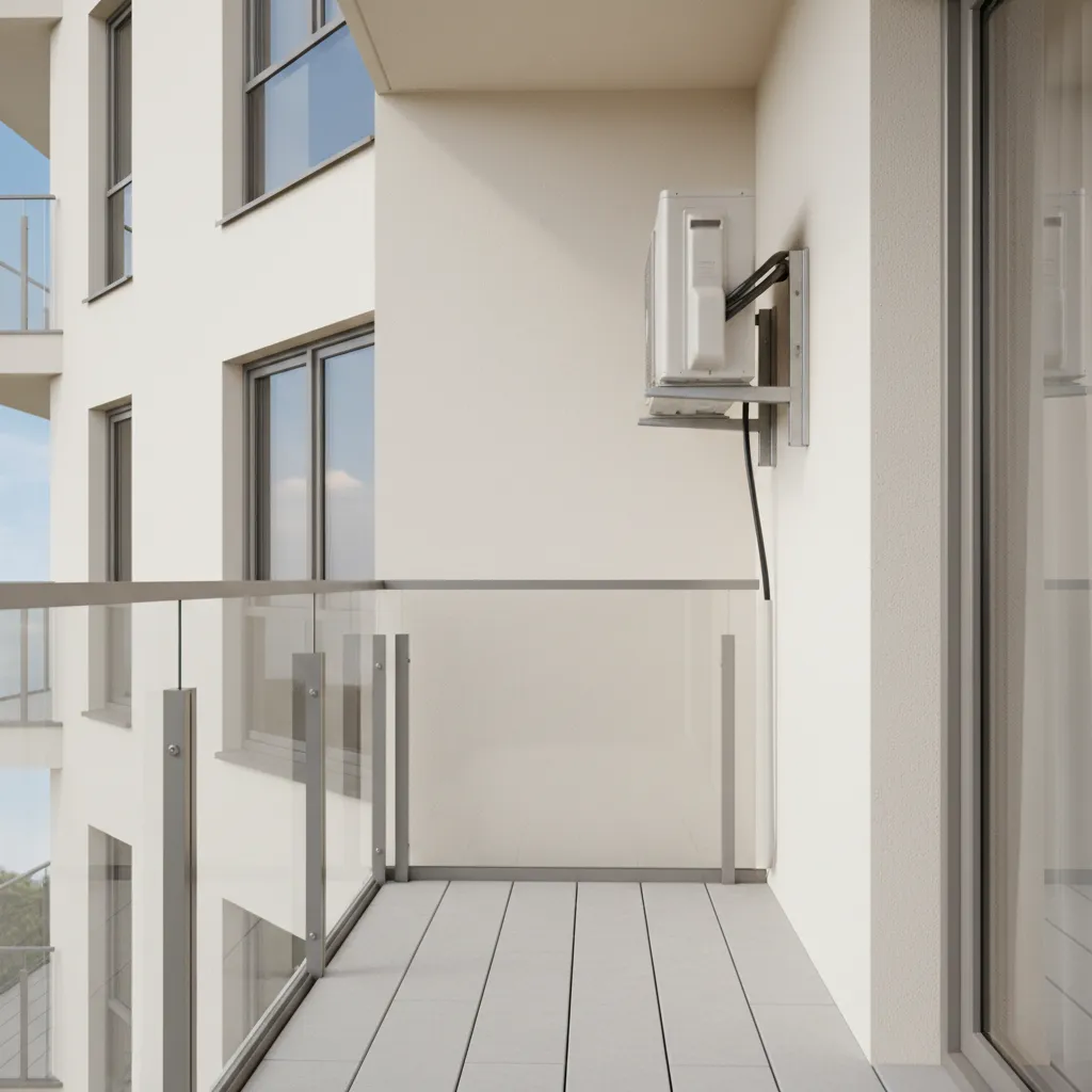outdoor condenser unit installed on apartment balcony connected to mini split system