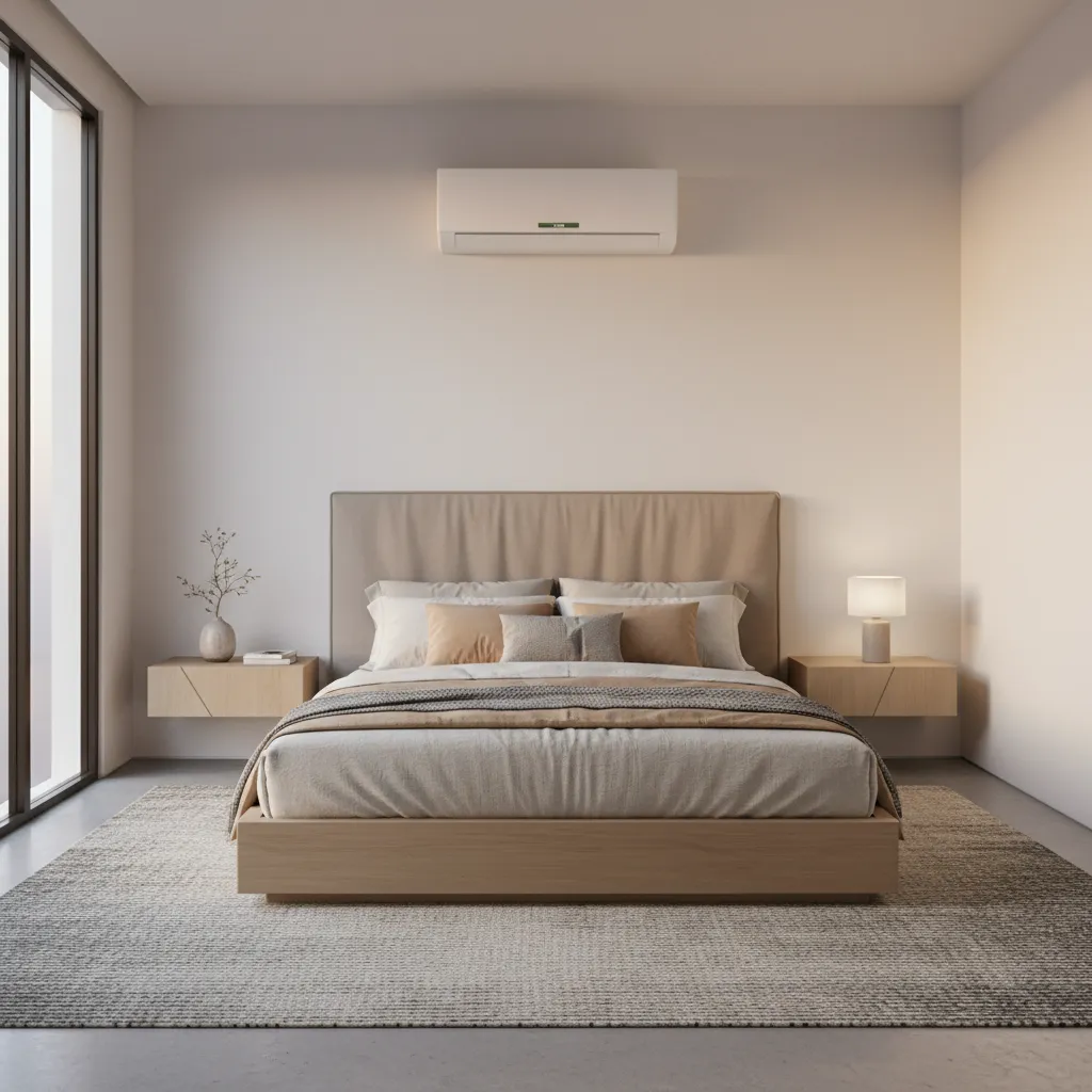ductless mini split air conditioner mounted in a small modern bedroom