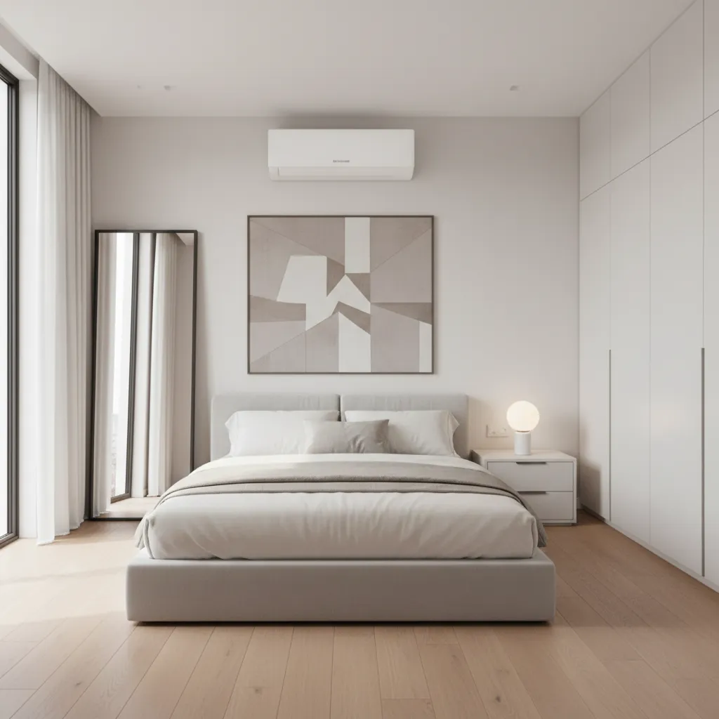 wall mounted mini split air conditioner in a small bedroom layout