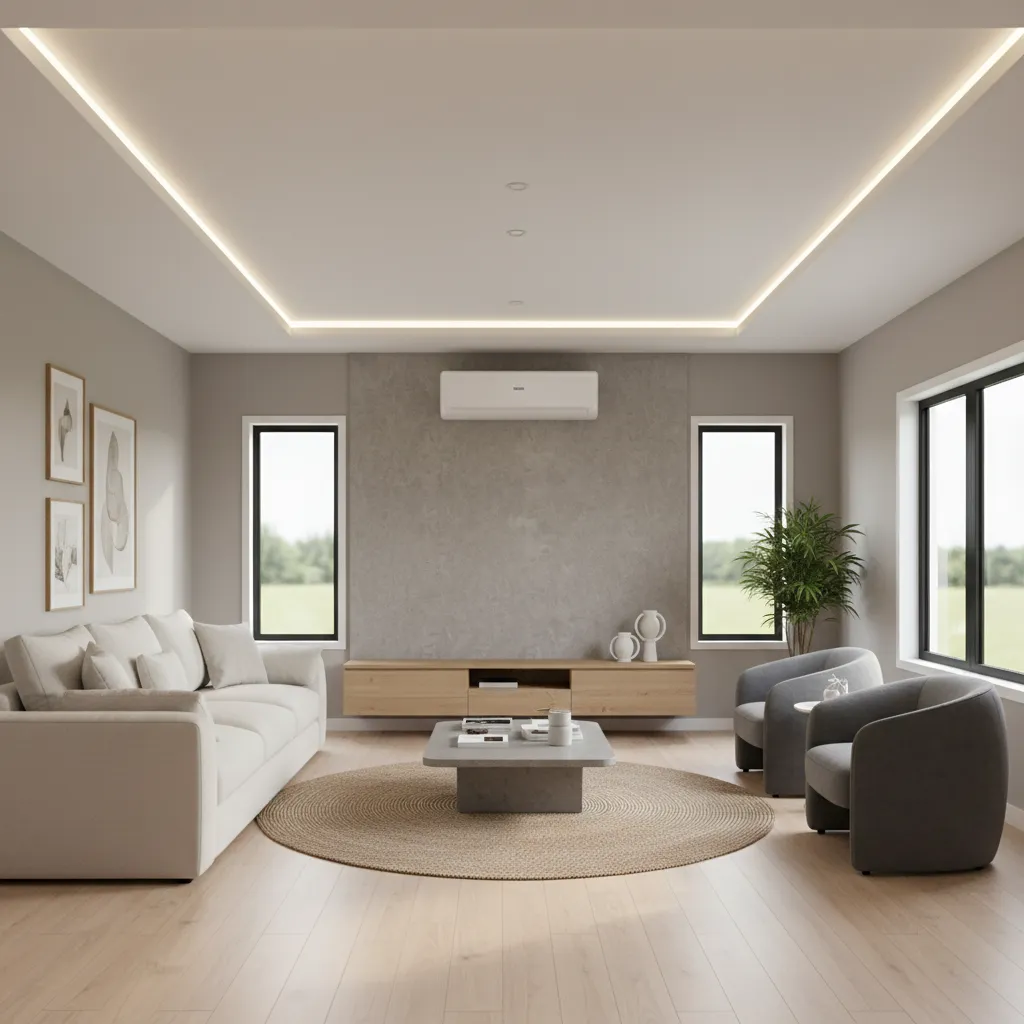 Modern mini split heat pump installed inside a manufactured home living room