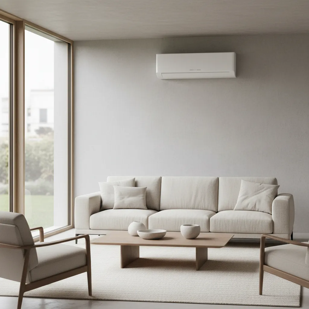 Wall mounted mini split air conditioner cooling a modern small living room