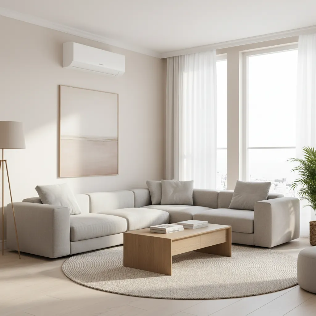 Modern living room with wall mounted ductless mini split air conditioner