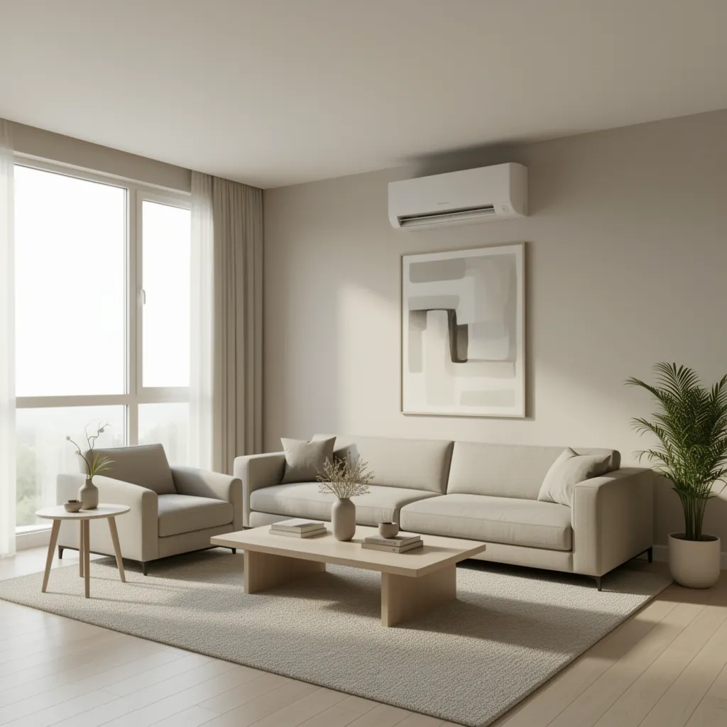 Modern mini split wall unit installed above sofa in contemporary living room