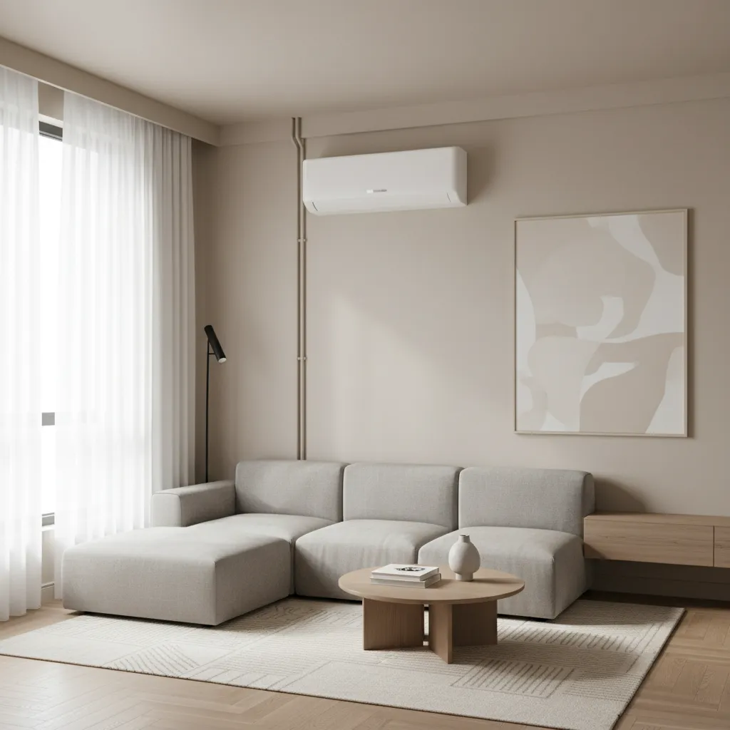 Mini split wall mounted unit cooling a modern small living room