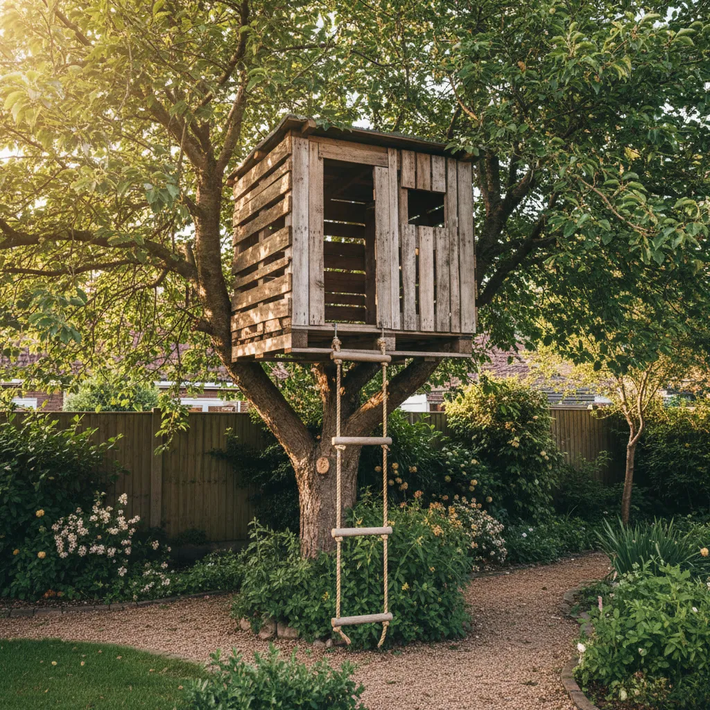 Small wooden pallet house built high in a tree with a hanging rope ladder below